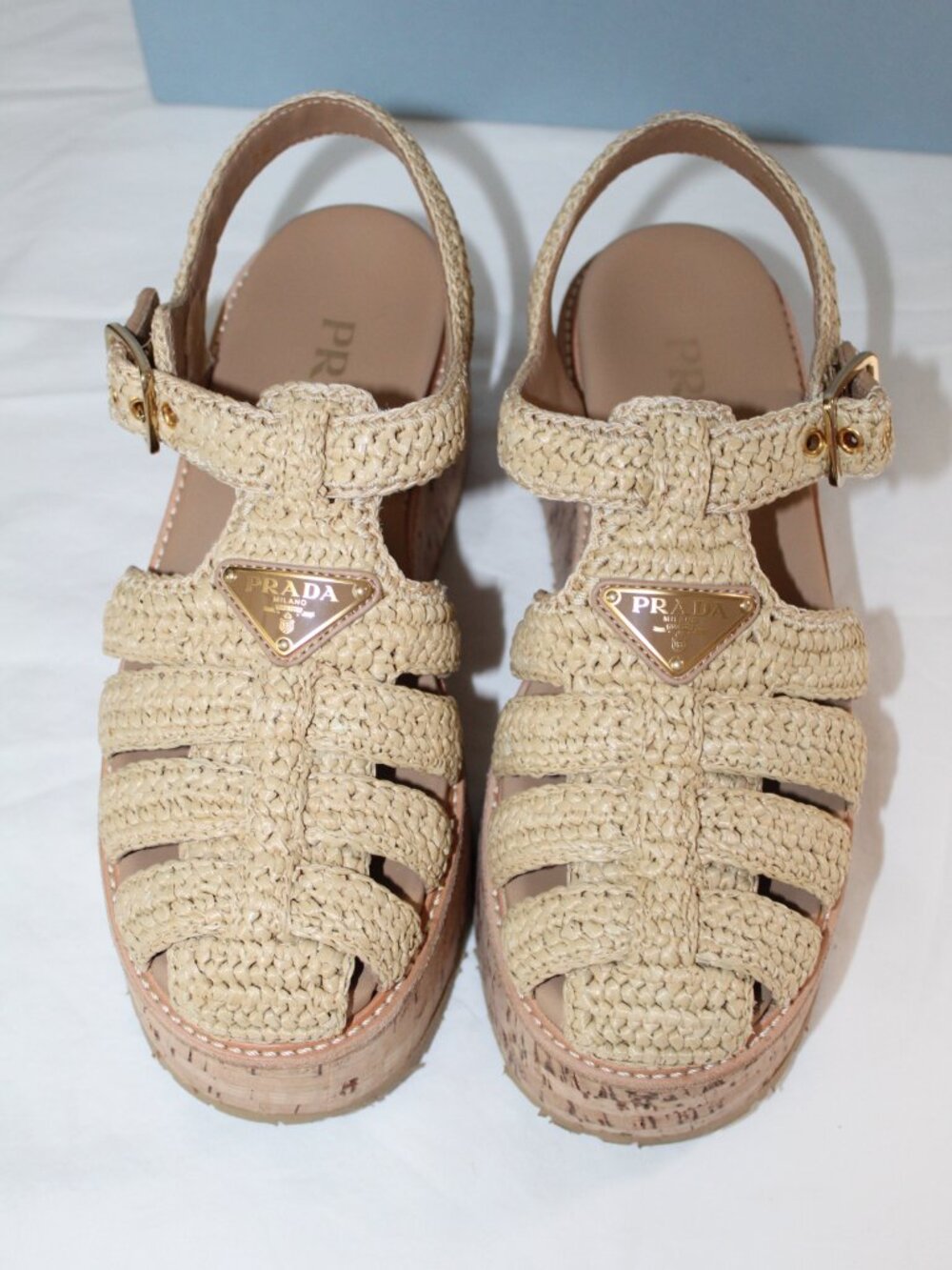 PRADA Fisherman Sandals Raffia Sandals Platform Triangle Logo Ankle Strap 38